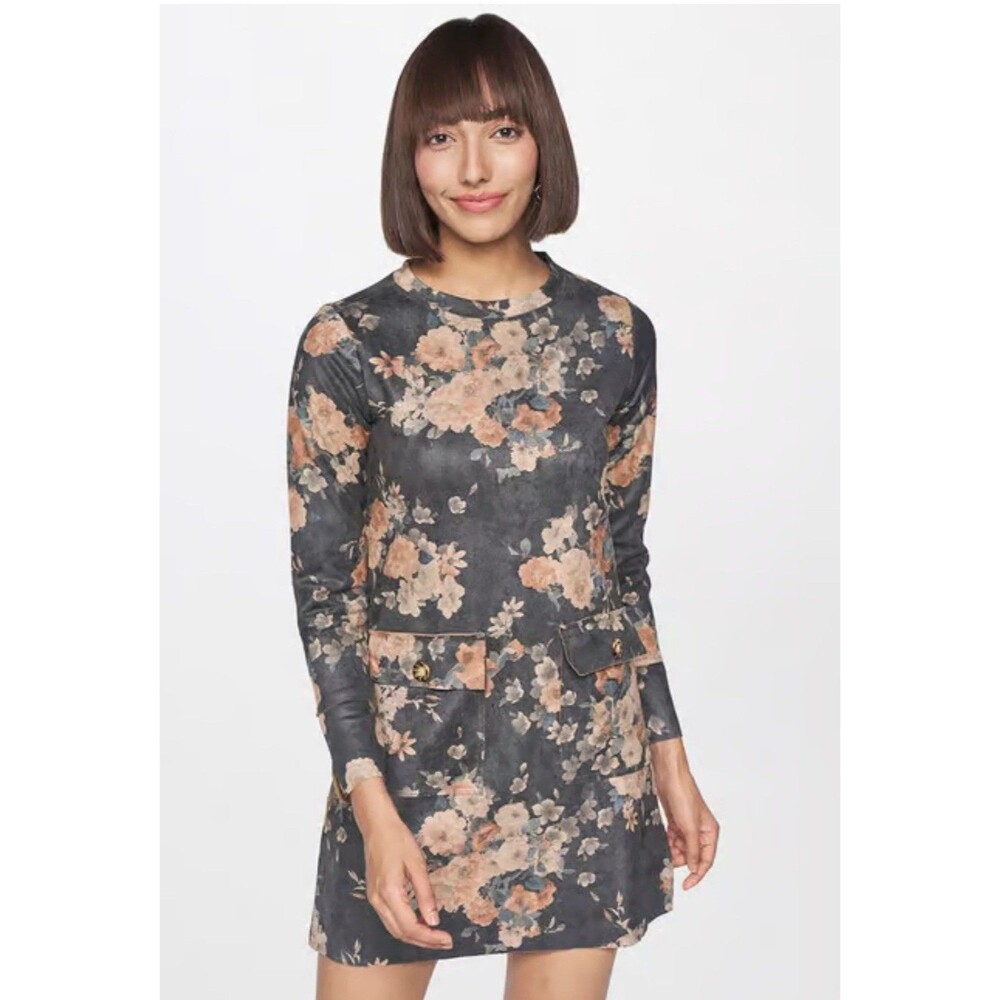 AND Longsleeve Mini Gray Floral Print Shift Dress Faux Suede Fall 90’s-8